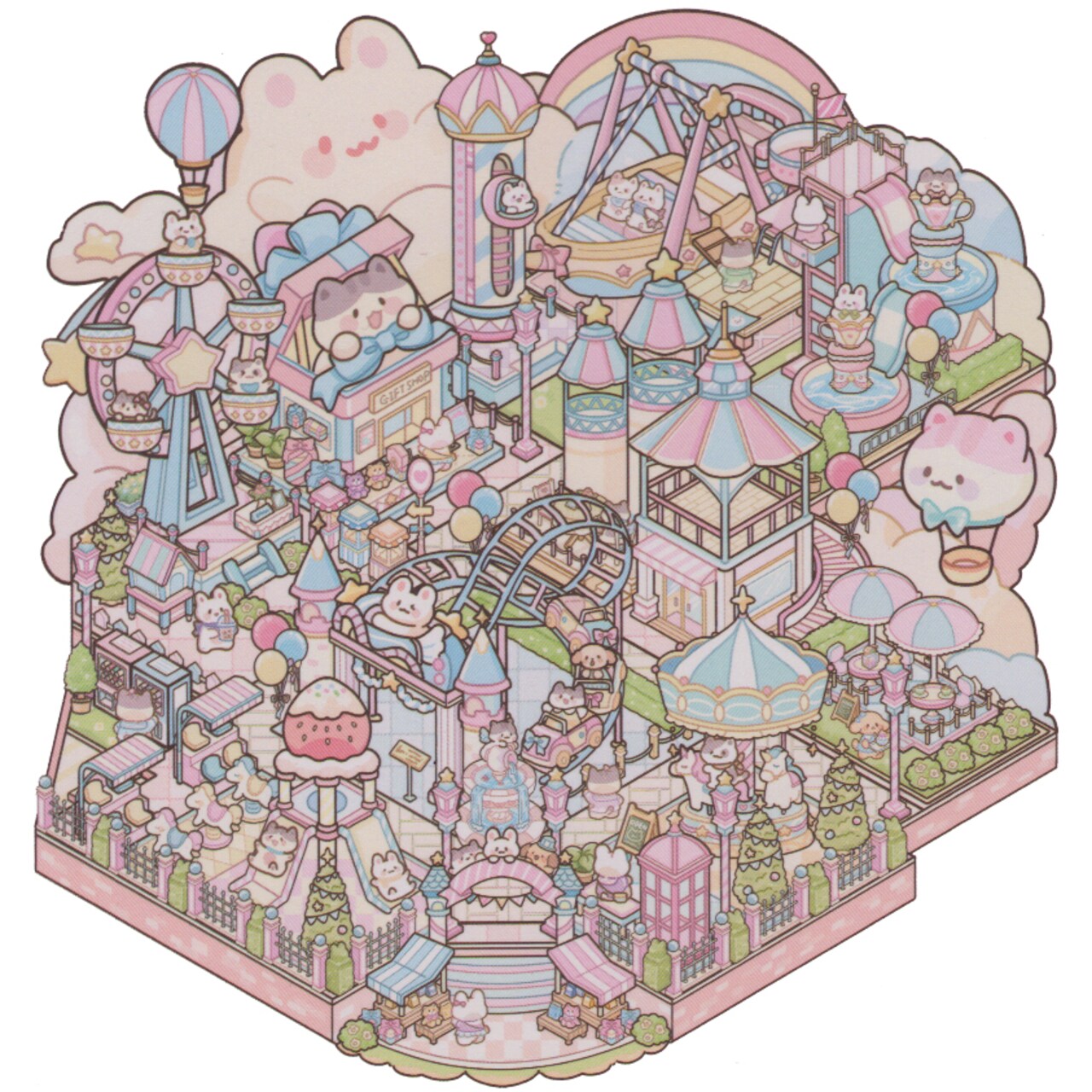 Kawaii Sticker Scene, Large Size, Pastel Amusement Park Isometric Set, Adorabilities